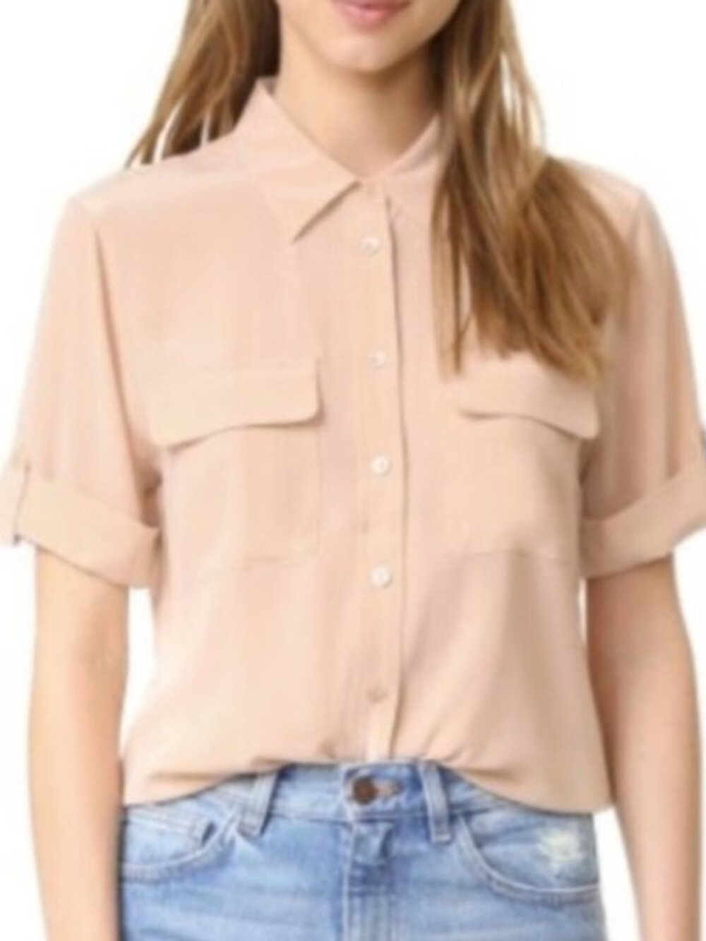 Equipment Light‎ Peach Silk Short Sleeve Button Up Top